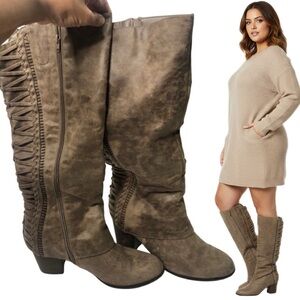 SALE🔥 Fergalicious SZ 12 Y2K Brown Pewter Knee High Boots Faux Suede Chunky Heel